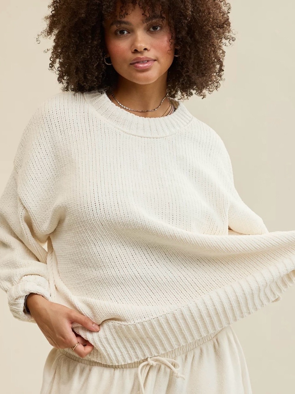 aerie Cream Relaxed Crewneck Sweater